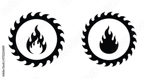 Two circular saw blade emblems with a flame design inside