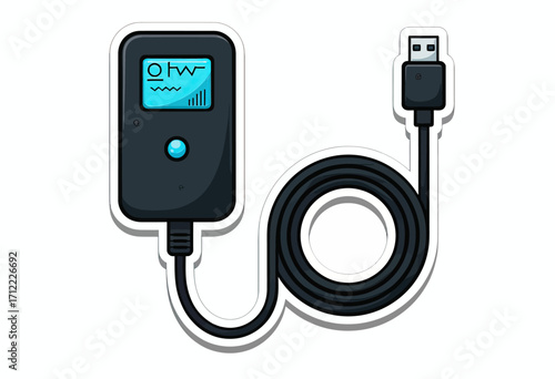A simple sticker-style illustration of a portable electronic device, possibly a hard drive or power bank, with a USB cable, symbolizing data and connectivity.
