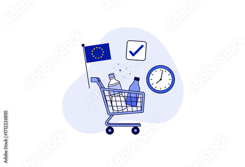 A clean and modern flat design illustration symbolizing timely and approved online shopping in the EU, with a cart, clock, and European Union flag.
