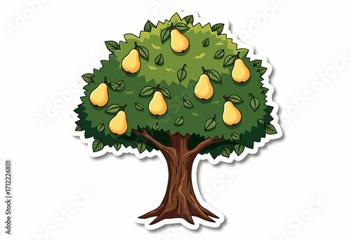 A charming and simple sticker-style illustration of a lush green pear tree laden with ripe, juicy yellow pears, perfect for children's books or healthy eating promotions.
