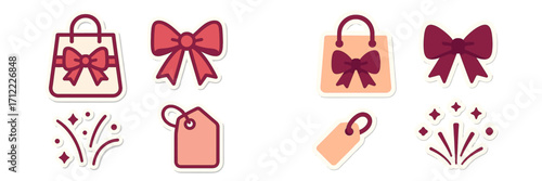 Holiday and retail graphic elements featuring gift bags, decorative bows, price tags, and festive sparkles