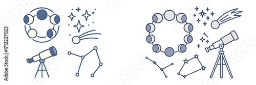 Astronomical elements set with moon phases, shining stars, constellations, comet, and telescope for sky observation