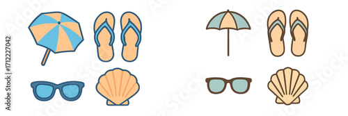 Vibrant collection of essential summer beach vacation accessories including a striped umbrella flip flops stylish sunglasses and a natural seashell