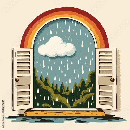 A whimsical illustration of an open window revealing a rainy forest scene with a hopeful rainbow, symbolizing new beginnings and optimism after a storm.
