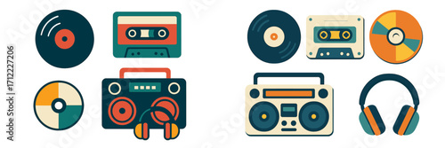 Retro music player devices and audio media collection featuring boombox, vinyl records, cassette tapes, and headphones