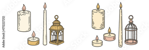 Set of glowing wax candles in different shapes and sizes alongside decorative vintage style lanterns and cages