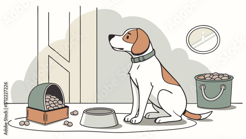 Cute Dog Waiting for Food at Home Indoor Pet Illustration.