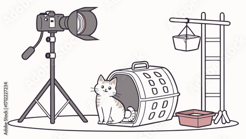 Cute Pet Photography Studio Setup Camera Cat Carrier and Lighting Equipment Illustration.