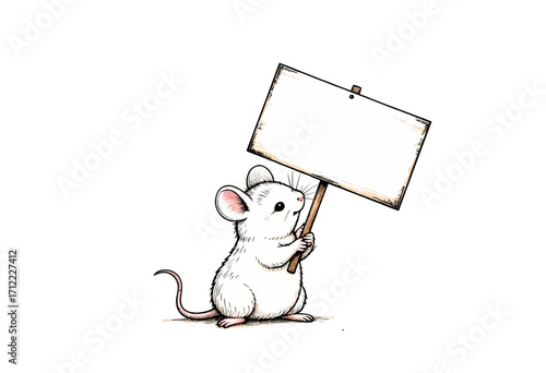 A sweet, hand-drawn illustration of an adorable little mouse holding up a blank sign, a charming and versatile character for any custom message or announcement.
