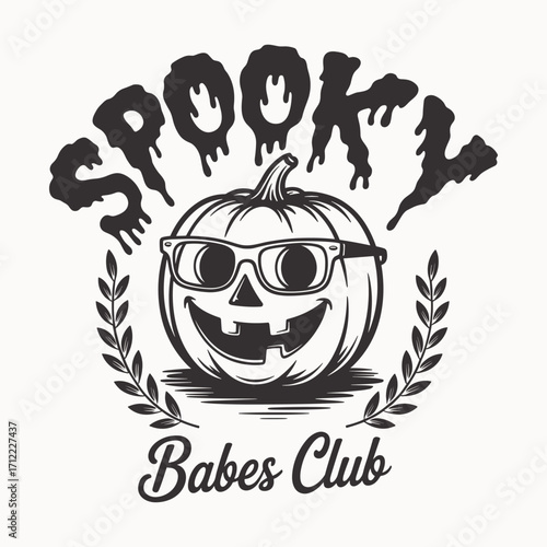 Spooky Babes Club Halloween Pumpkin with Sunglasses - Fun and Trendy Halloween Design for T-shirt, Fall Decor, Trick or Treat, and Spooky Vibes