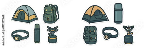 Collection of essential camping and outdoor adventure equipment including tents, backpacks, headlamps, and cooking stoves