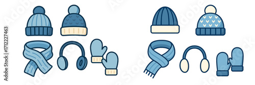 Assortment of blue winter clothing accessories including knitted hats, warm scarves, earmuffs, and cozy mittens for cold weather