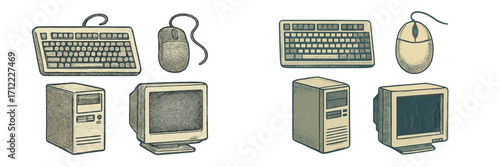 Collection of vintage computer hardware components including keyboards, mice, monitors, and desktop towers from the past