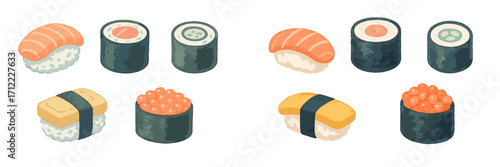 Assortment of traditional Japanese sushi and maki rolls including salmon nigiri, cucumber maki, and ikura gunkan