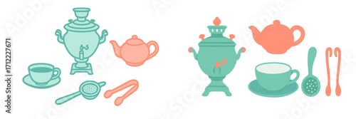 Collection of traditional Russian samovars, elegant teapots, classic teacups, and essential tea serving accessories for a cozy tea ceremony