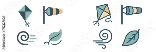 Collection of weather and wind related icons including a flying kite, windsock, swirling air, and a blowing leaf