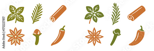 Aromatic culinary herbs and spices including basil rosemary cinnamon star anise clove and chili pepper for food preparation