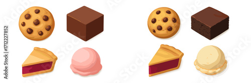 Collection of sweet desserts featuring chocolate chip cookies, rich fudge brownies, berry pie slices, and creamy ice cream scoops