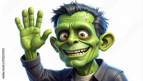 Halloween, Cartoon frankenstein character waving hello with a cheerful smile against a plain white backdrop, creating a friendly and approachable halloween vibe.