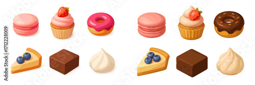 Collection of various sweet baked goods and confectionery items including macarons, cupcakes, donuts, and cheesecake