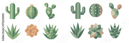 Geometric desert plants and succulents in modern flat design style, a diverse collection of botanical elements for various creative projects