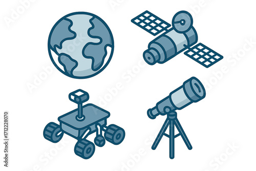 Space exploration and astronomy elements featuring Earth globe, communication satellite, planetary rover, and astronomical telescope