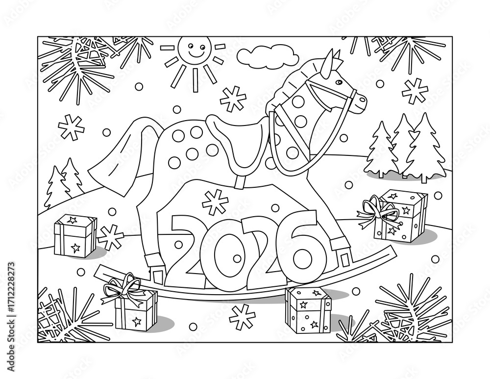 Fototapeta premium 2026 year zodiac symbol red rocking horse in winter holidays coloring page, poster, sign or banner black and white activity sheet 