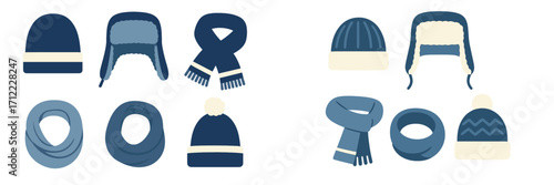 Variety of warm winter headwear and neckwear featuring knitted beanies, trapper hats, and different scarf styles