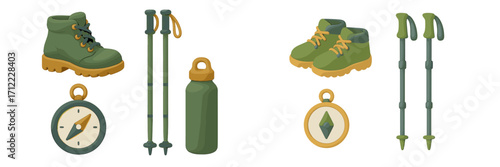 Essential hiking and camping gear collection with boots, trekking poles, water bottle, and compass for outdoor adventure