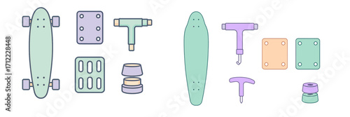 Comprehensive set of skateboard and longboard components including decks, trucks, wheels, and essential maintenance tools