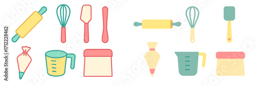 Collection of essential baking tools and kitchen utensils for cooking, pastry preparation, and dessert making
