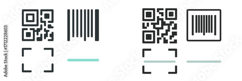 Collection of QR code and barcode scanning interface icons with focus frames and active scan lines for digital applications and mobile technology