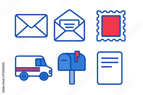 Postal service icons set with envelopes, stamp, mail truck, and mailbox for communication and delivery