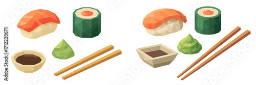 Traditional Japanese sushi, maki rolls, wasabi, soy sauce, and chopsticks in a modern low poly design