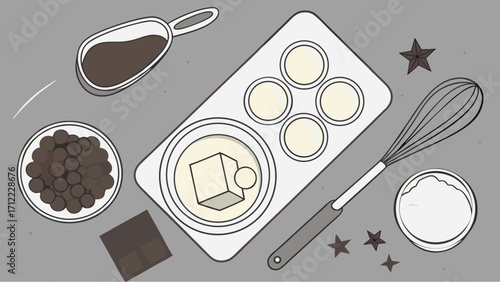 Flat lay of baking ingredients and tools for dessert preparation overhead view of chocolate sugar whisk and molds.