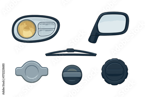 Collection of essential automotive components including a headlight, side mirror, windshield wiper, and various caps