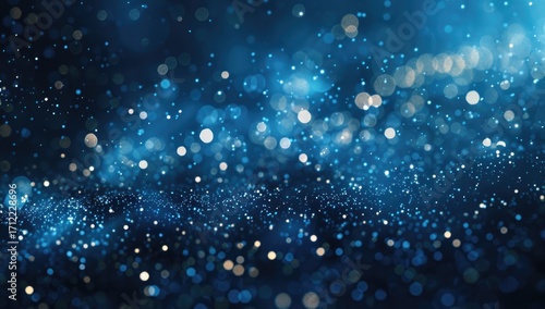Fototapeta Naklejka Na Ścianę i Meble -  Dark blue background with glowing particles and bokeh lights, creating an abstract digital space for product presentation or technology video.