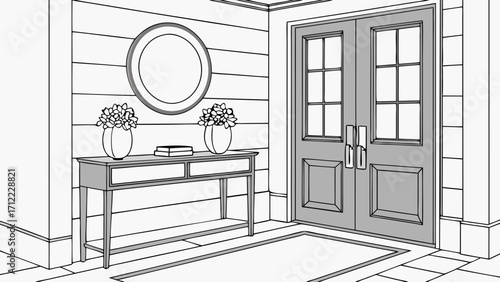 Home Entrance Design Interior Architecture Sketch Foyer with Double Doors and Console Table Modern House Entryway Illustration.