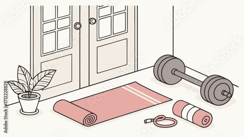 Home Fitness Equipment Exercise Mat Dumbbells Yoga Workout Illustration.
