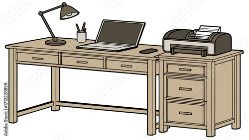 Home Office Desk Setup with Laptop Printer and Desk Lamp Illustration.