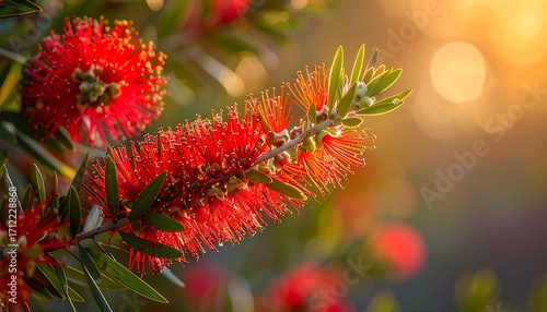Vibrant Red Bottlebrush Flowers.