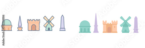 Collection of diverse architectural landmark icons featuring castles, windmills, domes, spires, and obelisks
