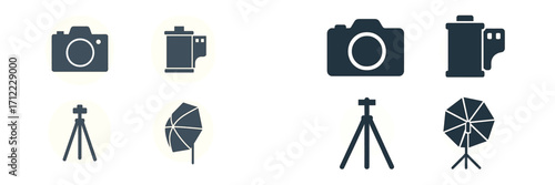 Photography equipment collection with classic camera, film roll, sturdy tripod, and professional studio umbrella