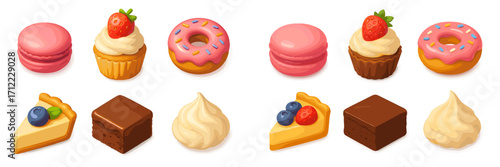 Assortment of delicious sweet desserts and baked goods including macarons, cupcakes, donuts, cheesecake, and brownies