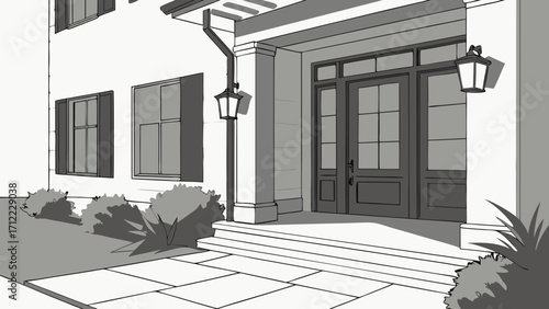 House Exterior Entrance Front Door Landscaping Architectural Sketch Home Design Residential Entryway Pathway Steps Garden Plants Exterior Lighting Windows Shutters Grey Scale Black.