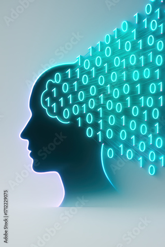Digital Mindscape: A luminous silhouette of a human profile, with binary code flowing outward, symbolizing the essence of the digital age, AI, and innovative technology.