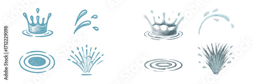 Set of dynamic water splashes, drops, and ripples illustrating various liquid motion effects and aquatic elements