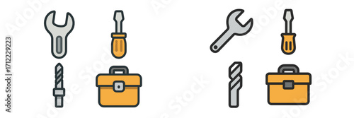 Assortment of essential hand tools including wrench, screwdriver, drill bit, and toolbox for repair and maintenance