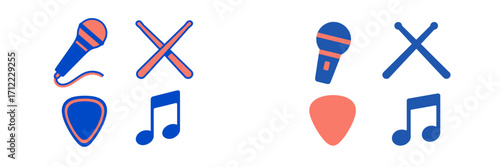 Microphone, drumsticks, guitar pick, and musical note icons representing various aspects of music and sound