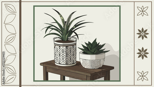 Indoor Plants in Decorative Pots on Wooden Table Home Decor Botanical Illustration.